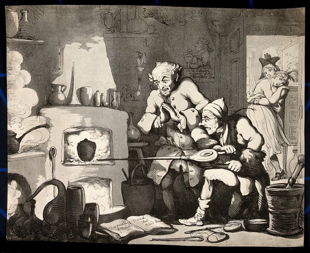 An alchemist and his assistant hoping to turn base metal into gold. Aquatint after T. Rowlandson.