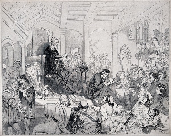 An alchemist standing before a board illustrated with diagrams, lecturing to a crowd on the elixir of life. Wood engraving, 1852-3, after D. Scott.