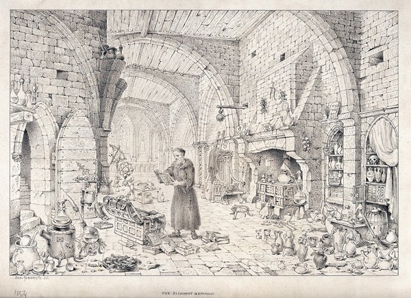 An alchemist in a long robe standing reading above an open chest of books which he has rifled through; a large vaulted hall surrounds him, littered with alchemical apparatus. Pen and pencil drawing by J. Nasmyth, 1854.