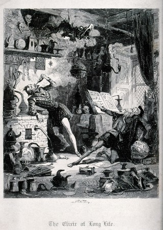 An alchemist's laboratory: a young man drinks an elixir of life while the alchemist is incapacitated. Wood engraving by H.K. Browne (Phiz), 1865.