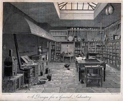 Design for a general chemical laboratory, with the apparatus numbered. Etching by A.W. Warren, 1822, after C. Varley.