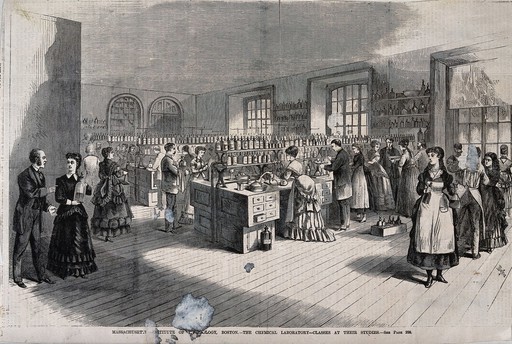 The chemical laboratory at Massachusetts Institute of Technology, Boston: women and men at class. Wood engraving, c. 1880.