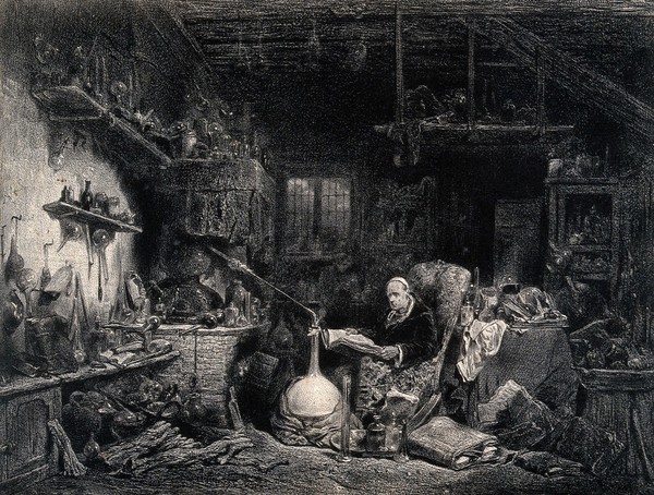 An alchemist reading in a shadowy laboratory. Lithograph by C.F. Nantueil-Leboeuf after L-G-E. Isabey.
