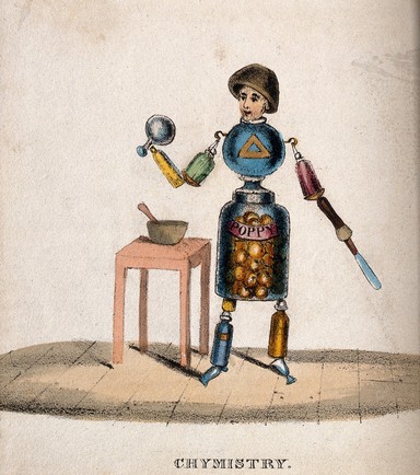 A man made up out of chemical apparatus, symbols, and chemicals. Coloured lithograph.