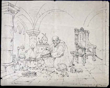 Roger Bacon conducting an alchemical experiment in a vaulted cloister. Etching by J. Nasmyth, 1845.