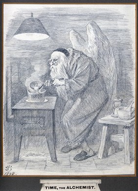 An alchemist with angel's wings and a skull cap, pouring fluid from a ladle into a crucible. Pencil drawing by J. Tenniel, 1898.