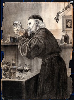 An apothecary wearing a gown and skull cap, pouring fluid from a bottle. Chalk drawing by or after H. Stacy Marks.