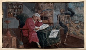 view An alchemist concentrates on a book in his study, while Death next to him tells him "My dear Herr Collaborator, you are are too hardworking". Gouache painting.