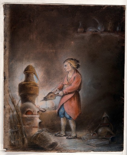 An alchemist in a short orange gown blowing bellows into a still with an alembic. Pastel drawing.