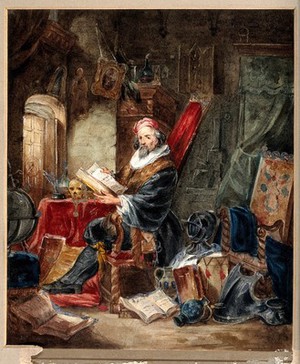 view An alchemist reading in a romanticised laboratory setting. Watercolour painting, 19th century.