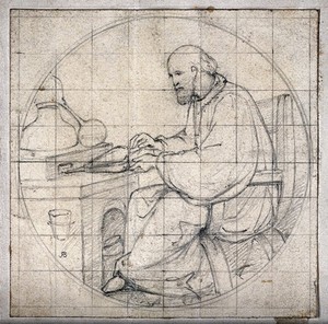 view A seated man in a monk's habit, blowing bellows, with an alembic. Pencil drawing.