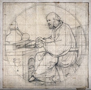 A seated man in a monk's habit, blowing bellows, with an alembic. Pencil drawing.