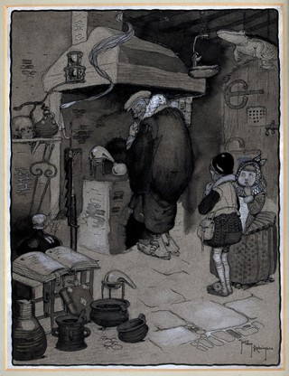 Two children wait nervously while an alchemist secretively concocts a mixture at his stove. Pen and wash drawing by G. Robinson.