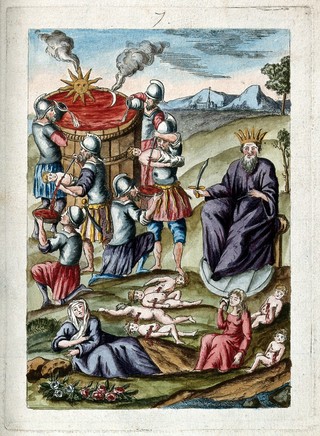 A king presiding over a massacre of infants; soldiers pour the blood of the infants into a boiling vat; probably representing the stage of 'putrefaction' in the alchemical process. Coloured etching after etching, ca. 17th century.