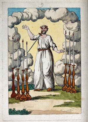 view Christ, with a sword in his mouth, between seven candlesticks; representing a stage in the alchemical process. Coloured etching after etching, 1772/3.