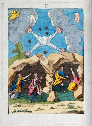 The magi sheltering in a cave on the way to Bethlehem; here representing mercury converted into sulphur, at the moment of its fixation in the alchemical process. Coloured etching after etching, 17th century.