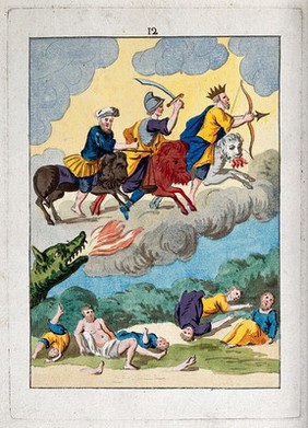 Three men ride through the sky on black, red and white lions (colours of the alchemical process); beneath, men lay sprawled among dismembered limbs. Coloured etching after etching, ca. 17th century.