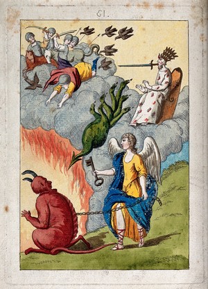 view An enthroned king, wearing three crowns and with a sword in his mouth, having vanquished a green seven headed hydra; an archangel with a key imprisons Lucifer in chains by a roaring fire; representing the culmination of the alchemical process and the sublimation of base matter. Coloured etching after an etching, ca. 17th century.