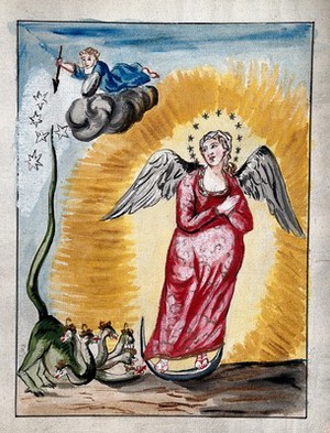 view The pregnant Virgin Mary, with a dragon at her feet; representing a stage in the alchemical process. Colour painting after etching, 1772/3.