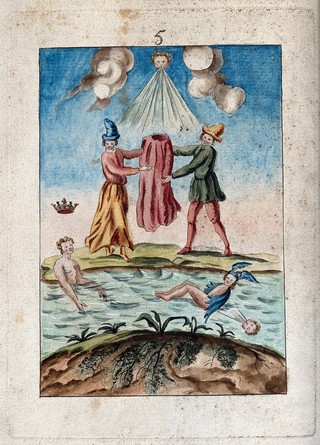 Two peasants hold a red robe; cherubs blow wind and Mercury rests on water below; representing a stage in the process of alchemy. Coloured etching, ca. 18th century.
