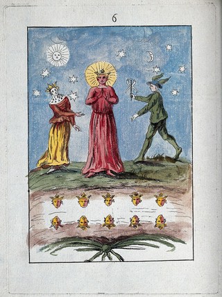 A red-faced king stands in a red robe, flanked by a queen and the deity Mercury in green clothes; representing a stage in the process of alchemy. Coloured etching, ca. 18th century.