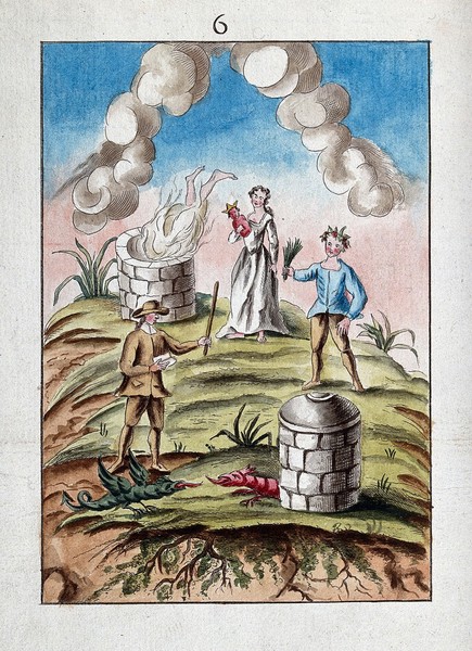 A human body is consumed by a furnace; a woman holds a small red limbless effigy bearing a crown; a man holds a sheaf, and another a stick; below, by another furnace, a green and red dragon face each other, poised for combat; representing a stage in the process of alchemy. Coloured etching, ca. 18th century.