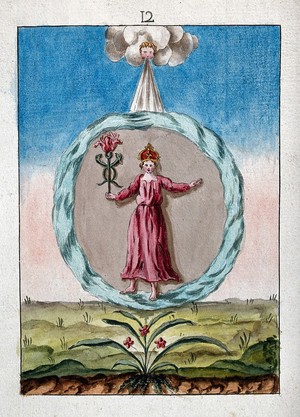 view A crowned woman in red holding a rose-topped caduceus; she is suspended in a circle of water; a cherub blows wind from above; representing a stage in the process of alchemy. Coloured etching, ca. 18th century.