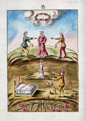 view A queen in red is presented with dishes of blood on a hill; below, a man in a white robe gesticulates to the heavens; while another man stands next to alchemical apparatus, facing a man who is lying sick in bed; representing a stage in the process of alchemy. Coloured etching, ca. 18th century.