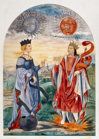 A moon above a queen dressed in blue, and a sun above a king dressed in red; representing two alchemical principles: the dissolving 'lac virginis' (mercury) and the coagulating masculine principle (sulphur). Watercolour painting by E.A. Ibbs.