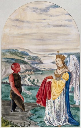 A black man with a red head and right arm emerges from a foul stream into a landscape where a winged woman is waiting for him with a red garment; representing the transformations of the alchemical work from corruption to perfection. Watercolour painting by E.A. Ibbs.