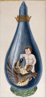 A putto pours a phial into a dragon's mouth, pumping a bellows with his other hand; representing the fixing of volatile matter in the alchemical process. Watercolour painting by E.A. Ibbs.