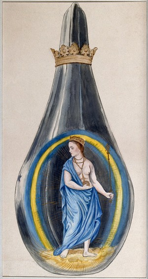 view A queen dressed in blue, representing mercury, in a crowned alchemical flask. Watercolour painting by E.A. Ibbs.