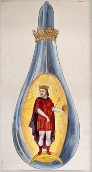 A crowned alchemical flask containing a young king, dressed in red, representing the culmination of the alchemical process. Watercolour painting by E.A. Ibbs.