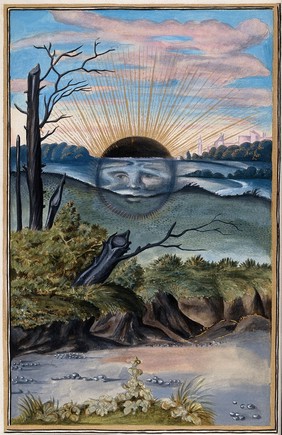 A black sun with a face descends behind the horizon of a marshy landscape; representing the state of putrefaction in alchemy. Watercolour painting by E.A. Ibbs.