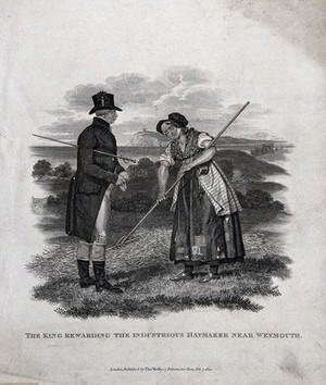 view King George III giving money from his purse to a woman who is raking hay near Weymouth, Dorset. Engraving by R. Pollard, 1820.