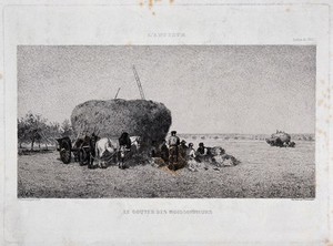 view Haymakers sitting down in the shade of a hay-rick to eat. Etching by J.J. Veyrassat, ca. 1857.