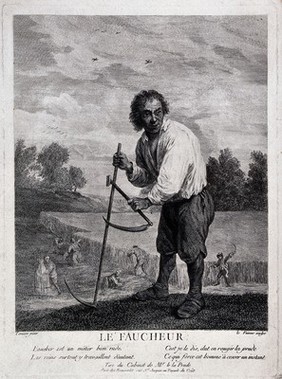 A corn-harvester, with a scythe and a sickle. Engraving by J.C. Le Vasseur after D. Teniers.