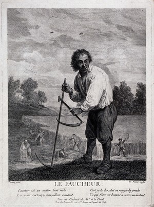 view A corn-harvester, with a scythe and a sickle. Engraving by J.C. Le Vasseur after D. Teniers.