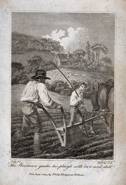 A ploughman and a ploughboy working in a field. Engraving by Hemsley after Craig, 1805.