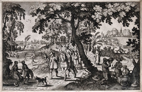 A country scene with many activities depicted: these include, from left to right, picking cherries, bathing, hay-making, hunting, and eating and drinking. Engraving by M. Merian after S. Vrancx.