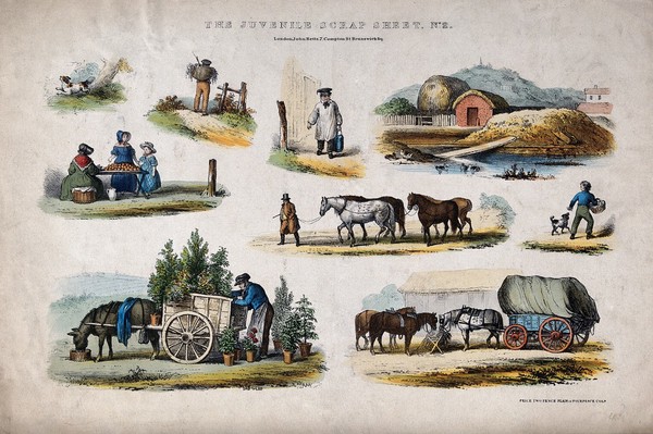 A collection of rural scenes, including a boy carrying a milk churn, a woman selling produce by the roadside, and horses. Coloured lithograph, [early 19th century].