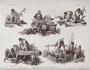 view Various agricultural scenes of woodmen at work. Etching by W.H. Pyne after himself, 1802, with aquatint by J. Hill.