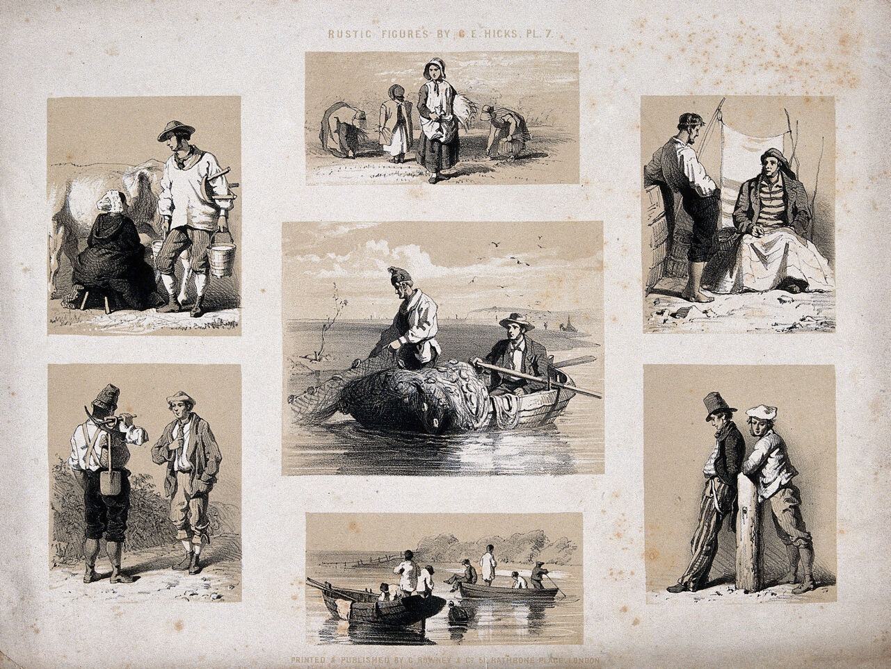 Rural life: seven scenes, including milking, gleaning, and fishing. Lithograph, c.1850, by M. and N. Hanhart after G.E. Hicks., 1850, by George Elgar Hicks