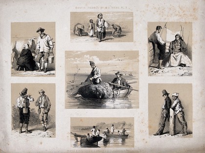 Rural life: seven scenes, including milking, gleaning, and fishing. Lithograph, c.1850, by M. and N. Hanhart after G.E. Hicks.