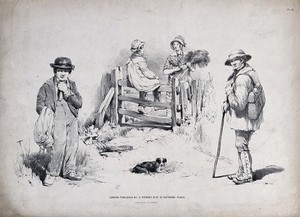 view Rural life: three scenes, including a pedlar, a young farmer's boy with his smock over his arm, and a boy sitting on a gate, talking to a woman. Lithograph, 1848, by M. & N. Hanhart after H. B. Willis.