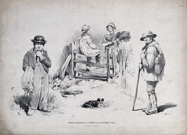 Rural life: three scenes, including a pedlar, a young farmer's boy with his smock over his arm, and a boy sitting on a gate, talking to a woman. Lithograph, 1848, by M. & N. Hanhart after H. B. Willis.