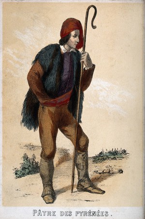 view A shepherd, in mountain costume, holding a crook, standing on a hilly landscape in the Pyrenees. Coloured lithograph.