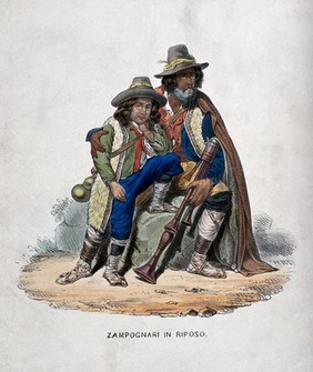 A itinerant bag-pipe player and his son, resting at the side of the road. Coloured lithograph, c.1850 (?).