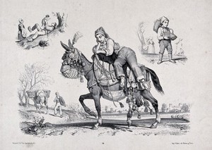 view Gypsies in Spain (?), three views showing aspects of itinerant life. Lithograph.