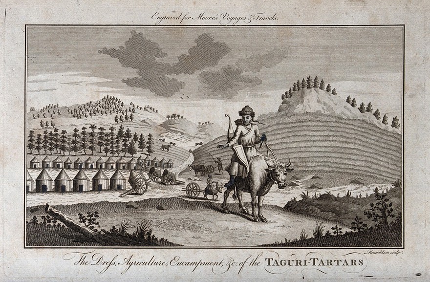 A Tartar warrior mounted on an ox, behind him an encampment of tents (left), and a ploughed field (right) Engraving by Rennoldson, c.1760.